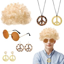 6 Pcs Hippie Costume Accessories Set, 60s 70s Themed Party Outfit Accessories Yellow Afro Wig for Retro Dress Up
