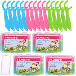 Dental Floss Picks, FAMILIFE Kids flossers Toddler Threaders Children Unwaxed Unflavored Fluoride Free Dental Floss Child Kid Flossing Sticks with Travel Cases 200 Picks