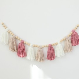 Boho Yarn Tassel Garland with Wood Beads Banner Wall Hanging for Classroom Back to School Kids Bedroom Nursery Baby Shower Decor