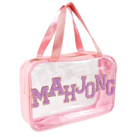 Empty Mahjong Bag, 11.81x8.66x3.54in PVC Material Clear American Mahjong Tile Travel Carrying Storage Case with Smooth Zipper and Sewn-In Chenille Lettering Patterns for Game Lovers(Only Bag, Pink)