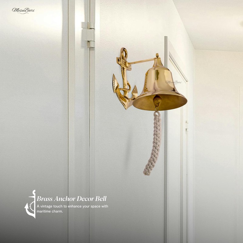 Nautical Brass Wall Mounted Hanging Bell with Rope, Marine Dinner