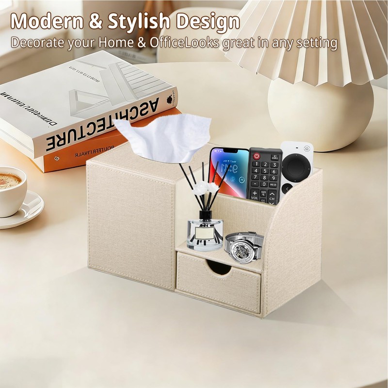 Nightstand Organizer with Tissue Holder,PU Leather Square Tissue Box Cover,Modern
