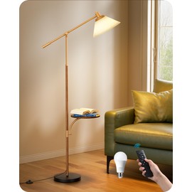EDISHINE 68" Arc Floor Lamp with Table, Vintage Standing Lamp for Living Room with Tray, Tall Reading Lamp, Beige Shade, Adjustable Arm, Remote Dimmable Bulb Included, for Bedroom Office, Wood Grain