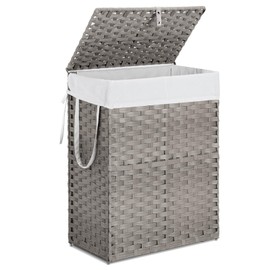 DUMOS Woven Laundry Basket with Lid, 90L Large Capacity Hamper, Removable & Machine-Washable Liner, Foldable Rattan Clothes Hamper, Sturdy Steel Frame, Odor Control, Dove Gray