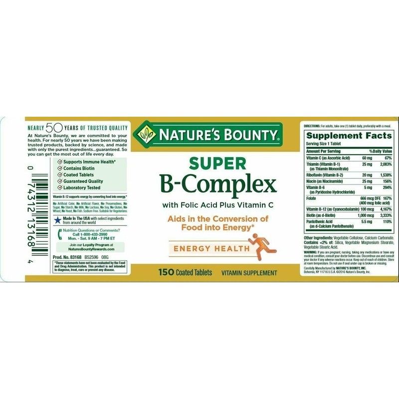 Nature's Bounty Super B Complex Vitamin Supplement Energy Health Support