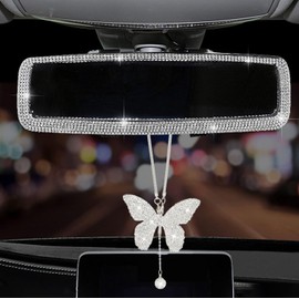 MLOVESIE 2 Packs Bling Bling Car Rear View Mirror with Rhinestone Crystal Butterfly Rear View Mirror Decor Accessories for Women,Car Interior Trim.White