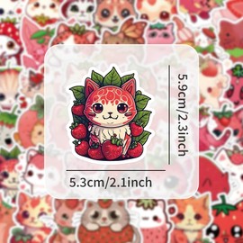 53pcs Cute Cartoon Strawberry Cat Stickers for Kids Aesthetic Friuts Stickers for Girls Boys Teens Adults Vinyl Waterproof Stickers for Water Bottles Laptop Skatebord Phone Scrapbooking