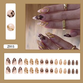 Vopintpy 3D Gold Lines Press on Nails Short Medium Almond Fake Nails Black Flower Acrylic Nails Design Glossy Full Cover Glue on Nails Reusable Stick on Nails for Women 30 Pcs