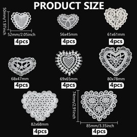 FINGERINSPIRE Pack of 32 Lace Appliques in Heart Shape, 8 Styles, Heart Embroidery Patches, Love Polyester Heart for Sewing on Clothes, Sewing Decoration, Applique for Wedding, Wedding Dress