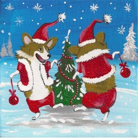 4X4 PRINT OF PAINTING RYTA PEMBROKE WELSH CORGI XMAS TREE GIFT FOLK ART WINTER