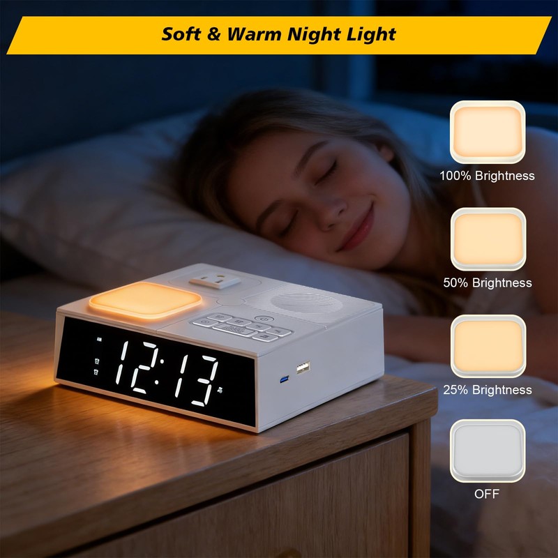Kungfuking Alarm Clock Power Strip with White Noise, Dual Alarms,