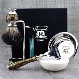 Haryali London Golden Antique Men's 3 Edge Razor Shaving Brush, Shaving Stand, Shaving Bowl, Shaving Soap and Alum Pen