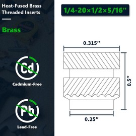 1/4-20 Brass Threaded Inserts (20-Pack), Heat Set Knurled Nuts for 3D Printing & Plastics, 5/16" D x 1/2" H, Female Threaded Brass Inserts