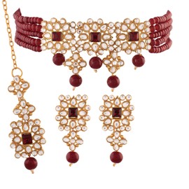I Jewels Girls 18K Gold Plated Indian Bollywood Light Weighted Kundan Pearl Studded Jewelry Set (Ml224M) Maroon