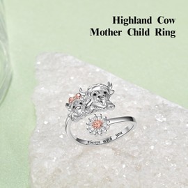 ACJNA Adjustable Highland Cow Ring,925 Sterling Silver Adjustable Daisy Cows Rings Mother Daughter Jewelry Gifts for Women