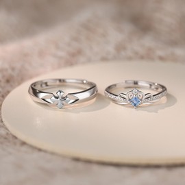BYETOCE 2 Rings for Couple Rings Set Sterling Silver Matching Princess and Knight Promise Rings Blue Crystal Adjustable Romantic Couples Rings for His and Her Valentine's Day Gift