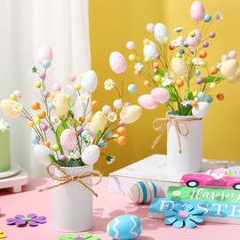 Riceshoot 4 Set Easter Table Centerpiece Artificial Easter Egg Picks with Metal Vase Daisy Flowers Easter Sprays Floral Berry Stems Colorful Easter Egg Twig Branches for Spring Home Party Decor