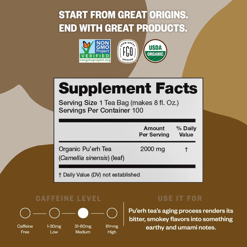 FGO Organic Pu'erh Tea, 100 Count, Eco-Conscious Black Tea Bags,