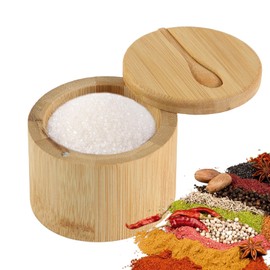 Bamboo Salt Cellar, Salt Box with Swivel Lid and Spoon, Salt and Pepper Box, Salt Container Wood, Swivel Lid Container, Magnetic Closure Lid to Keep The Dust Out, for Salt, Sugar (9 x 9 x 7 cm)