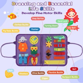 KIDS KING Toddler Busy Board Montessori Toys, Sensory Board Educational Activities for Learning Fine Motor Skills, Travel Toys for Airplane Car, STEM Toy Gift for Girls Boys Age 3+ (Mermaid)