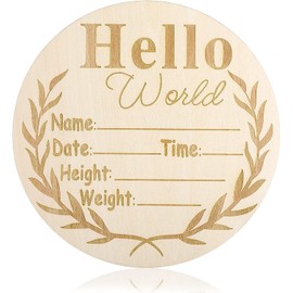 Baby Announcement Sign, Hello World Newborn Sign Round Wooden Milestone Baby Nursery Name Birth Signs for Hospital and Pregnancy Announcements (15cm, Round)