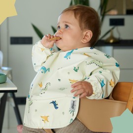 BABATÉ Kids - Bib with sleeves, baby bib, waterproof baby bib, full body bib, baby bib, bib with sleeves, washable bib baby, bib with sleeves, Green Dinosaurs