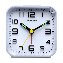 PEAKEEP 3D Numbers No Tick-Tock Analog Alarm Clock with Classic Beep Sound, Snooze, Manual Light and Battery Powered Small for Travel (White-3D)