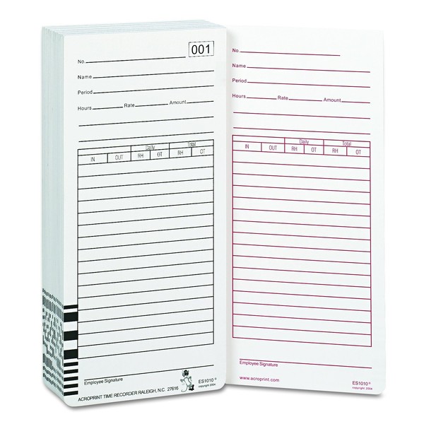 Acroprint 09-9111-000 Totalizing Payroll Recorder Time Cards ES1010, Pack of