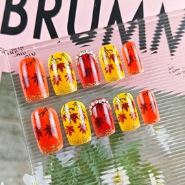 Red Maple Leaf Press on Nails Rhinestone Gel Glue on Acrylic Fake Nails 24Pcs Thanksgiving Press ons Fingernails Glossy Gold Glitter Medium Square False Nail Fall Leaves Stick on Nail for Holiday Gift