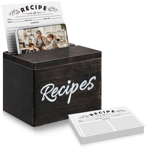 Hoteam Wooden Recipe Box with Cards and Rustic Wood Recipe