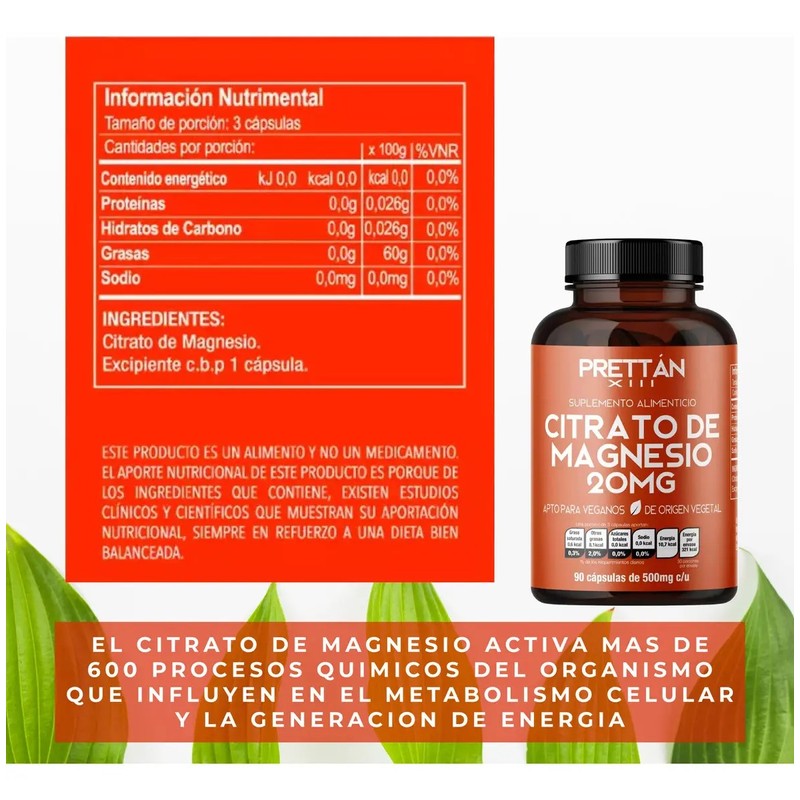 Citrato De Magnesio Prettan Suplemento En Capsulas 500mg Sin Sabor
