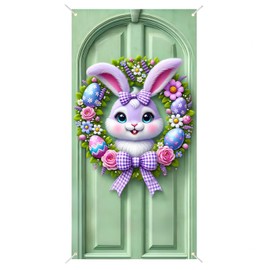 BlissYard Easter Bunny Door Banner 71x35 Inch Cute Bunny Door Cover Wreath Egg Easter Decor Banner Accessory Hanging Cover Sign Decoration for Happy Spring Party Favors（Banner,Not a Real Wreath）