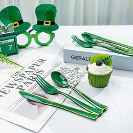WDF 180PCS Green Plastic Silverware - St Patrick's Day Cutlery 60 Forks, 60 Knives and 60 Spoons - Heavy Duty Green and Gold Plastic Cutlery for St. Patrick's Day