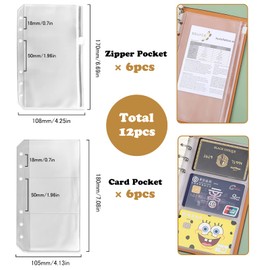 12PCS A6 Size Binder Pockets, Zipper Binder Pocket, 3-Pockets Storing Bag, Two Types, Clear 6-Hole Binder Zipper Folders, Waterproof PVC Zipper Loose Leaf Bags for Home Office School Supplies