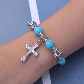 Inateannal Boho Turquoise Cross Drop Bracelet Turquoise Beads Bracelet Silver Cross Bracelet BlueTurquoise Beadeds Bracelet Natural Turquoise Bracelet Summer Beach Hand Chain Ankle Chain