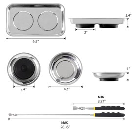 Rechabite 3 Pieces Magnetic Trays with 8LBs Telescoping Magnetic Pick-up Tool Set, 9.5" Rectangle, 2 Pieces 4" Stainless Steel Magnet Parts Tray for Screws, Sockets, Bolts, Mechanic's