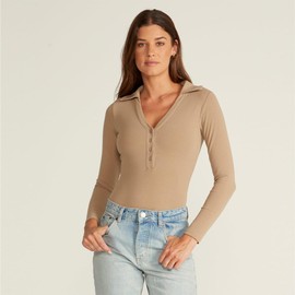 BYLT Ribbed Long Sleeve Bodysuit for Women with Built-In Bra – Collared Moisture Wicking Body Suit – Fitted Thong Bodysuits, Driftwood, X-Small