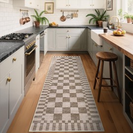 GarveeHome 2×6 Kitchen Runner Rug Non Slip Brown Checkered Rug,Washable Runner Rug for Hallway Soft Low-Pile Geometric Tan Brown Print Checkerboard Rugs for Entryway Kitchen Dining Room