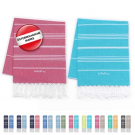 LeStoff Premium Hammam Towel (Set of 2) - 100% Organic Cotton - Prewashed, Sustainable, Absorbent & Quick Drying - Beach, Bath, Shower, Yoga, Spa & Travel Towel (95 x 180 cm, Fuchsia - Aqua)