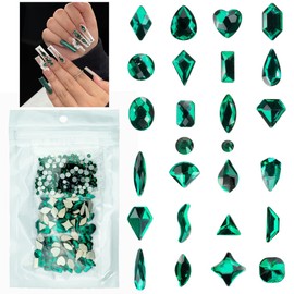 Emerald Green Nail Rhinestones 120 Multi Shapes Flatback Dark Green Crystals Gems +SS10 SS16 Round Beads K9 Glass Stones Diamonds Jewels Nail Art Supplies Nail Charms for Nails Eyes Face Makeup Crafts