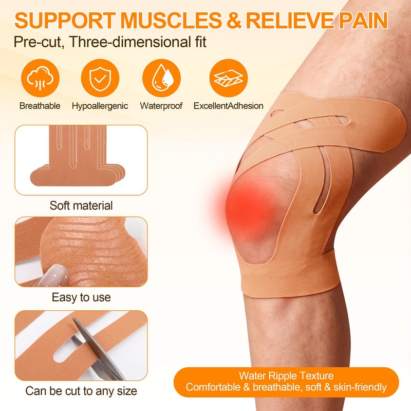 Kinesiology Tape for Knees (10-Pack) – Precut Knee-Specific Strips, Strong