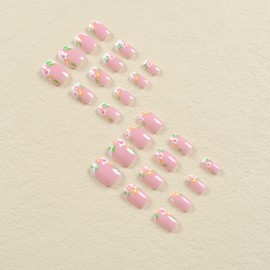 IMRAIN Press on Nails Flower French Fake Nails Tips Short Square False Nails Glossy Gel Glue on Nails Spring Squoval Nude Nails Nature Full Cover Stick on Nails for Women Girls 24Pcs