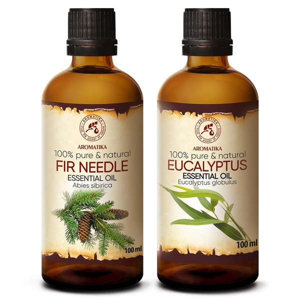Essential Oils Set - 2 x 100 ml - Spruce Needle Oil - Eucalyptus Oil - Aromatherapy Gift Set - Pure Needle Oils for Diffusers and Oil Burners - Oils for Soap Making - Oils for Candles