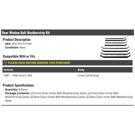 Door Window Belt Weatherstrip Kit - 8 Piece - Compatible with 1987-1996 Ford F-350 Crew Cab Pickup