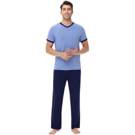 WiWi Mens Pajamas Set Viscose from Bamboo Short Sleeve Sleepwear Knit Nightwear 2 Pieces Loungewear Sets S-XXL, Fog Blue, X-Large