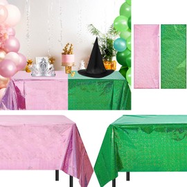 LOYIM LOYIM 2 Pcs Holographic Tablecloth for Party Pink and Green 54" x 108" Iridescent Metallic Plastic Glitter Laser Table Covers Witch Princess Theme Birthday Decoration Cosplay