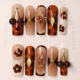 Cherry Press on Nails Thick Acrylic and Muti-Layer Gel Long Square Handmade Press on Nails 3D Flower Fake Nails wtih Design French Tip False Nails Full Cover Stick on Nails for Women Nails Decor (S)