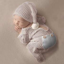 Fashion Luxury Newborn Boy Girl Baby Photo Shoot Props Outfits Crochet Clothes Long Tail Hat Pants Photography Shoot Props (Gray)