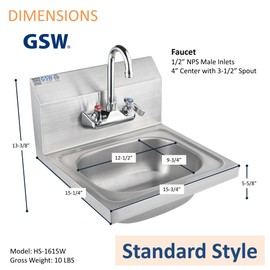 Leyso Stainless Steel Standard Size Wall Mount Hand Sink with 3-1/2" Gooseneck Faucet and Strainer, 15-¾” x 15-¼” x 13-⅜”H (Standard)