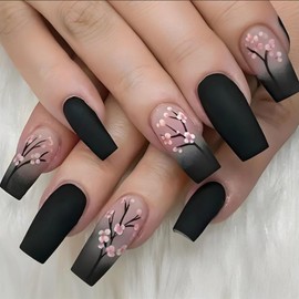 24Pcs Long Matte Black French Tip with Cherry Blossom Design, French Style nail for a Nice Fit, Nude to Charcoal Black Gradient Matte Oriental Art Style Nails Cherry Blossom (Pink black Flowers)